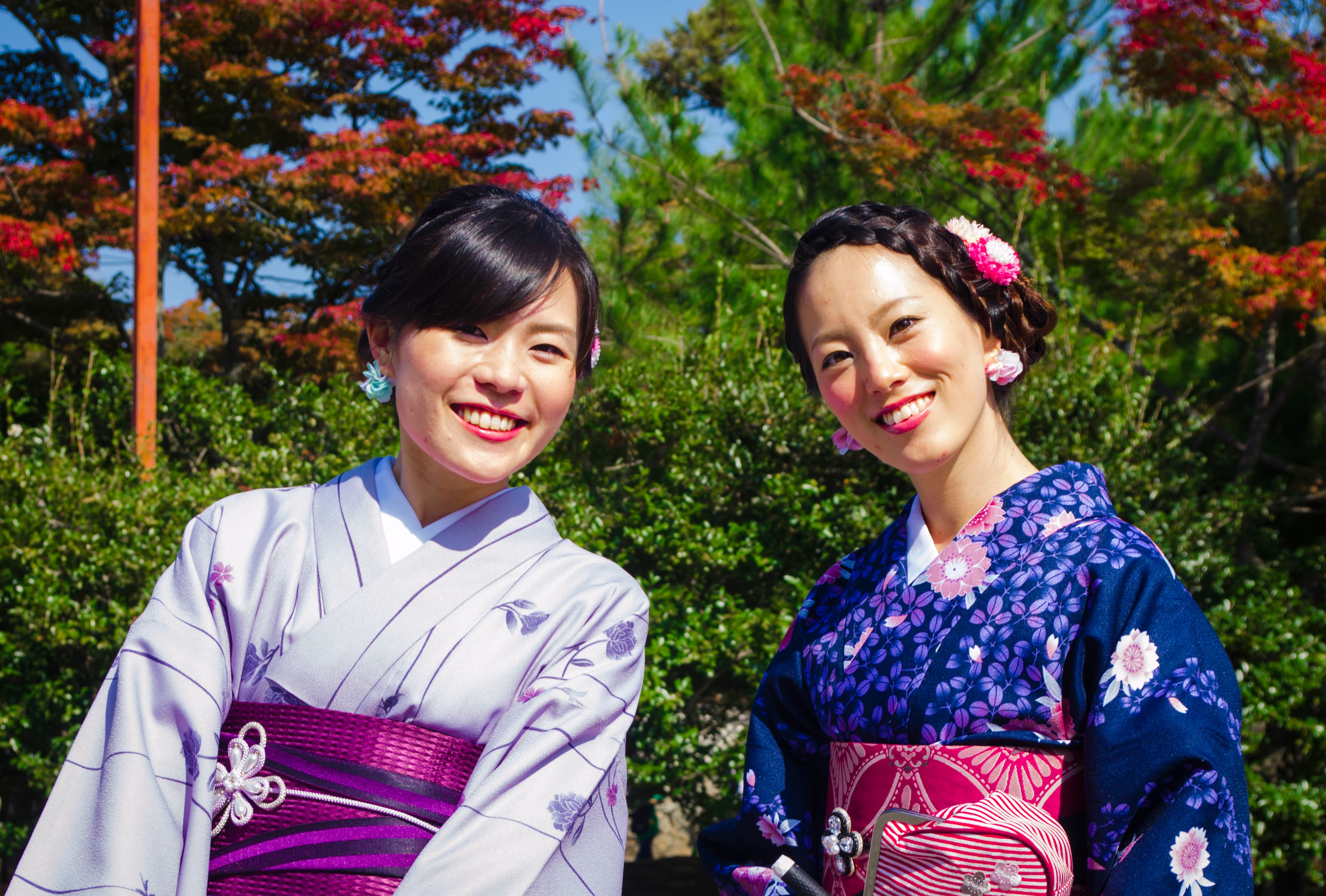 着物着用の参考写真(正装・桜文様の例。Wikimedia Commons「Japanese Kimono.jpg」・Ardour art・CC BY-SA 4.0)。お届け商品の柄・仕様を示すものではありません。